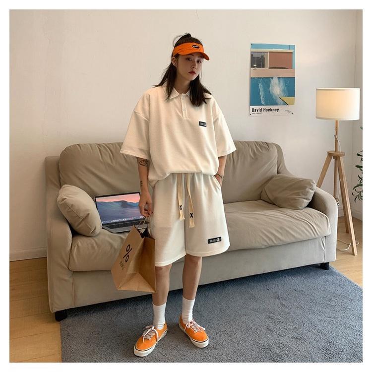 Bộ Áo Polo Cộc Tay Unisex Quần Short Ống Rộng In Logo