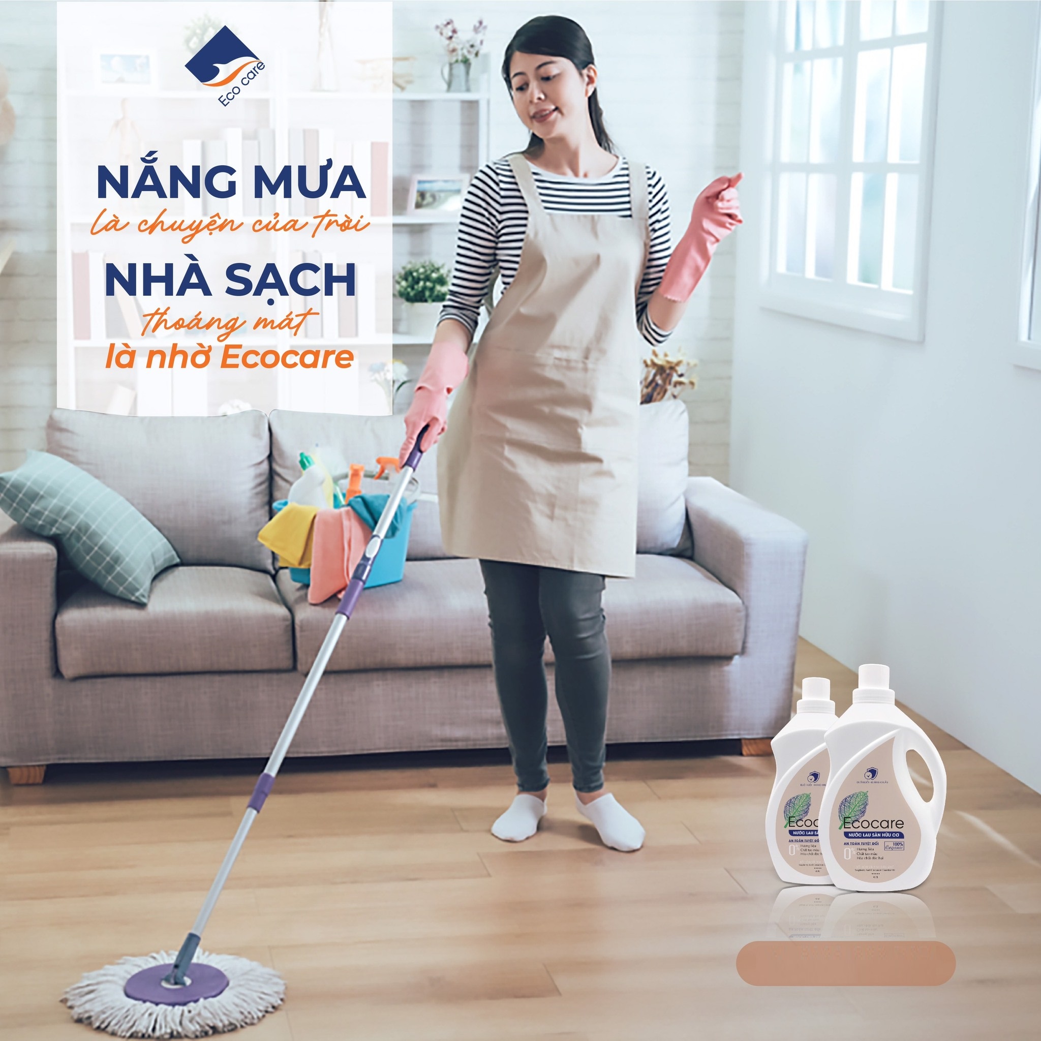 [Premium] Nước lau sàn hữu cơ cao cấp Bồ hòn và Tinh dầu thiên nhiên Ecocare - Diệt khuẩn, Đuổi muỗi, Chống trơn trượt - Cam sả - 4000ml