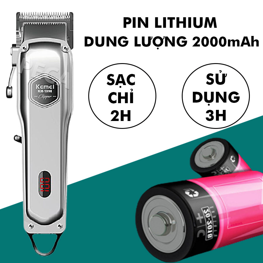 Tông đơ cắt tóc Kemei KM-1998 công suất mạnh có màn hình LED hiển thị pin tiện lợi, dùng để fade tóc, tattoo cạo trắng thích hợp sử dụng salon tóc, barber shop