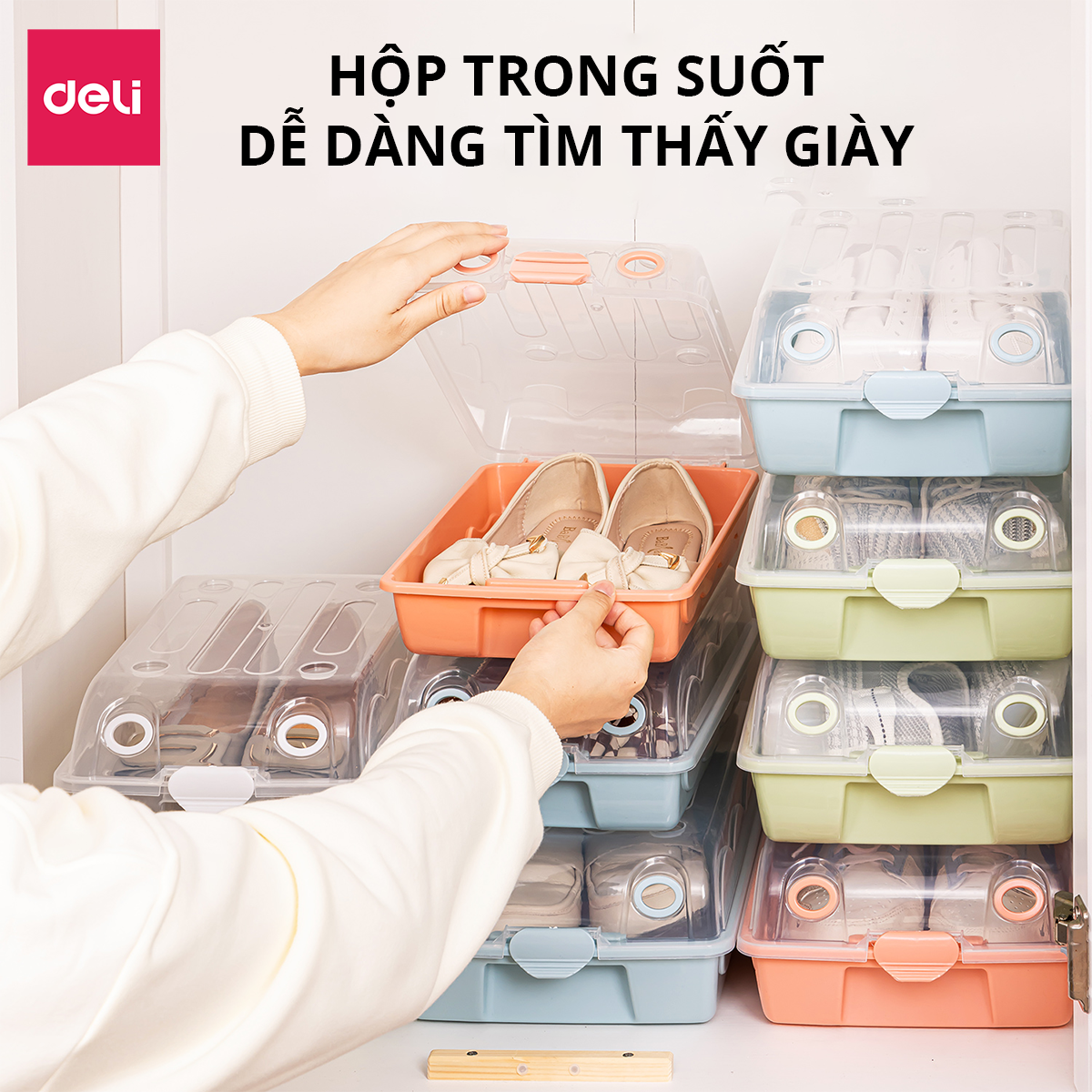 Hộp Nhựa Đựng Giày Trong Suốt Có Nắp Đậy Nhiều Màu Thông Minh Tiện Lợi Deli - Hộp Đựng Giày Nhựa PP Dẻo Chịu Lực Nhiều Size Có Thể Xếp Chồng