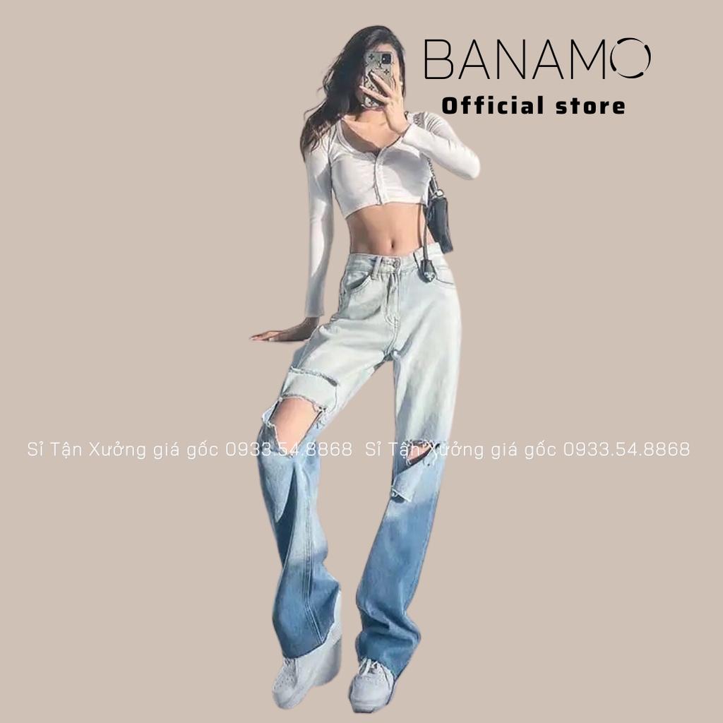 Quần jean nữ xuông rách gối loang màu đậm nhạt siêu đep thời trang Banamo Fashion bò xuông rách gối 9612