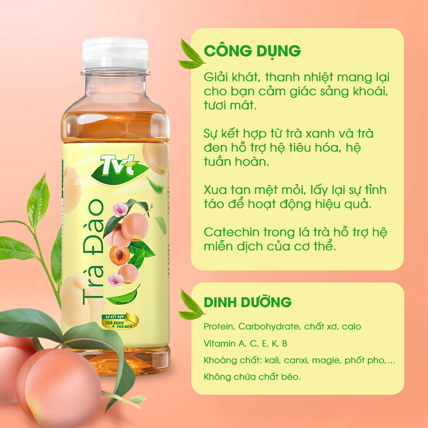 [Combo 12 chai 450ml] Trà Đào TVT tinh chất trà xanh, trà đen, chống oxy hóa, thanh nhiệt giải phóng độc tố cơ thể