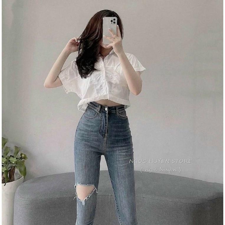 Quần jeans cạp cao rách gối pha dáng ôm