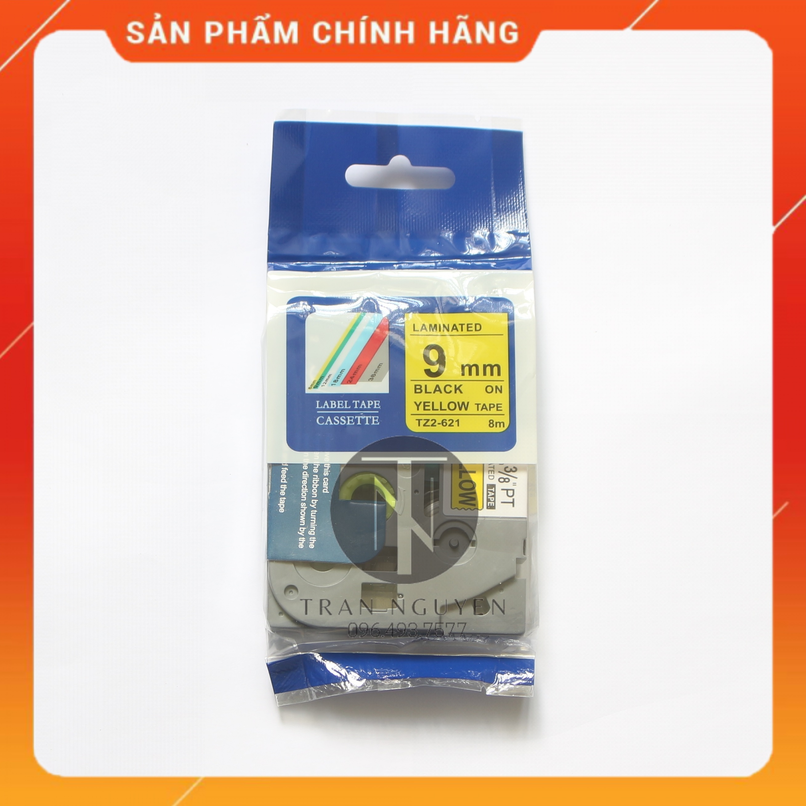 [Combo 3 hộp] Nhãn In đa lớp Tz2-621 - Đen nền vàng 9mm x 8m - Hàng nhập khẩu