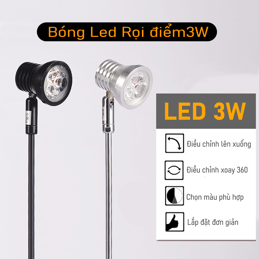 Đèn rọi Tủ kính trung bày sản phẩm 3 bóng Led 3W, Ánh sáng vàng chiếu điểm, Thân đèn Kim loại xoay 360°