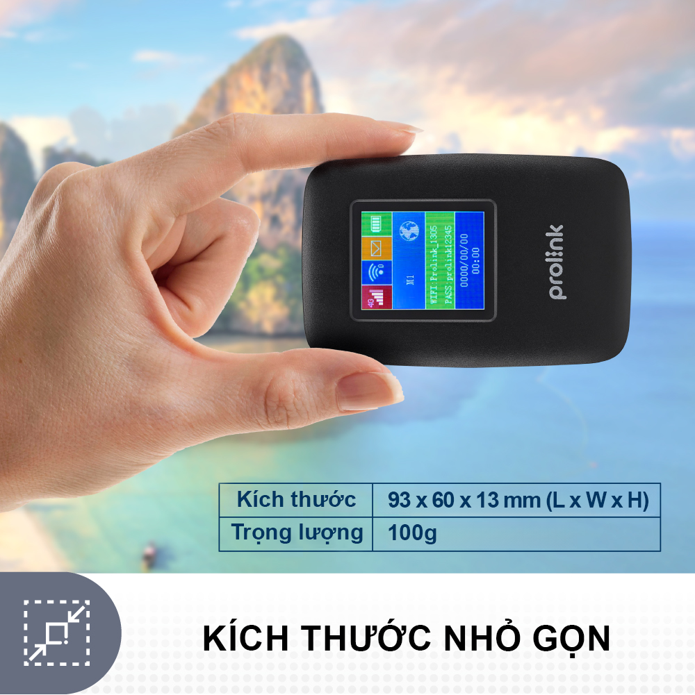 Bộ phát Wifi di động PROLiNK DL7202 dùng SIM 4G LTE 150Mbps, pin 3000mAH lên tới 12h, TFT 1.44", hỗ trợ 185 quốc gia - Hàng chính hãng