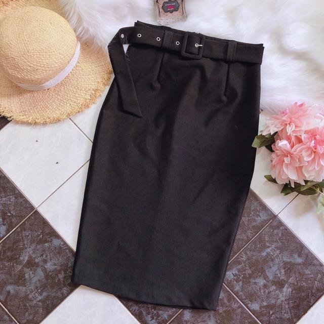 Chân váy bút chì dài kèm belt màu đen