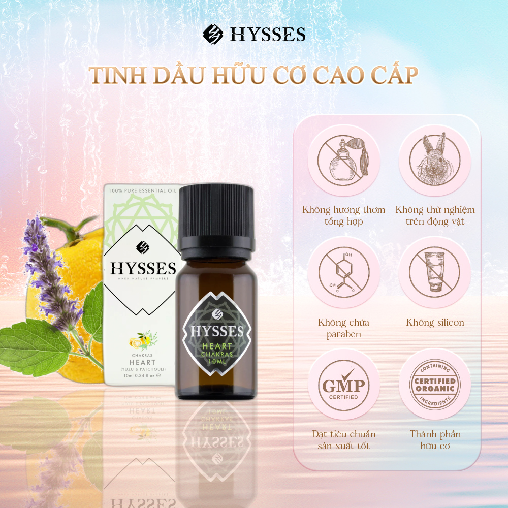Tinh Dầu Cao Cấp Hysses Chakras Heart Tăng Năng Lượng Luân Xa Cảm Xúc Tạo Cảm Giác An Toàn, Giảm Căng Thẳng, Tăng Tuần Hoàn Máu Cho Tim Mạch Với Tinh Dầu Cam Yuzu - Hoắc Hương Hữu Cơ Tự Nhiên