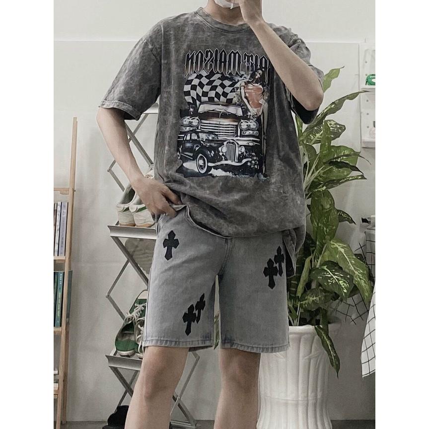 HOT 2022- Quần short jean thêu thánh giá -HÌNH THẬT quần chữ thập