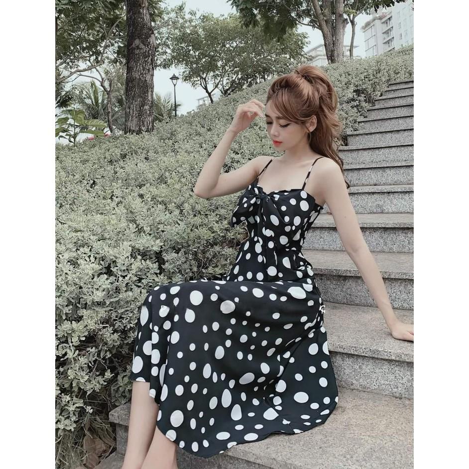 Đầm Xòe 2 Dây Nơ Ngực Chấm Bi Có Túi