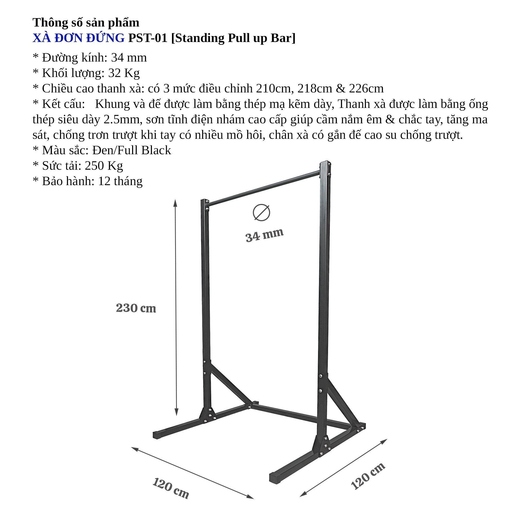 Xà đơn đứng - Standing Pull up bar Pocorrys PST-01, Màu đen