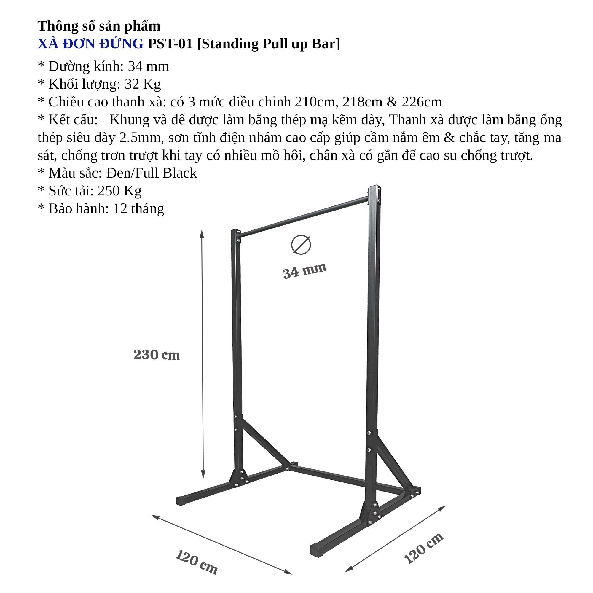 Xà đơn đứng - Standing Pull up bar Pocorrys PST-01, Màu đen