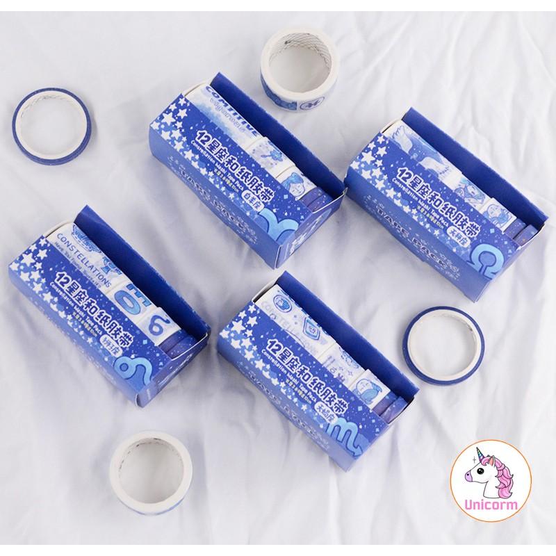 Set 5 cuộn băng dính - washi tape 12 cung hoàng đạo blue trang trí sổ