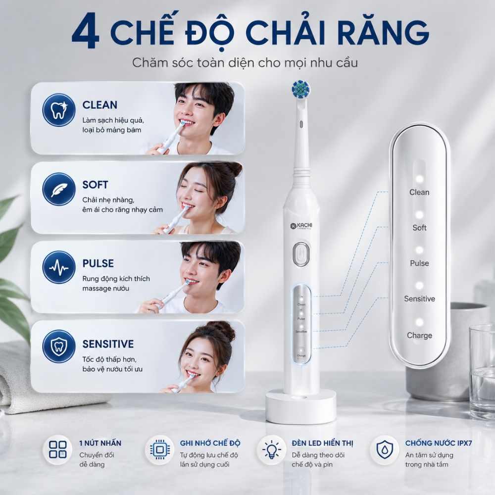 Bàn chải điện đầu xoay tròn Kachi MK361 kèm đế sạc không dây và 2 đầu bàn chải