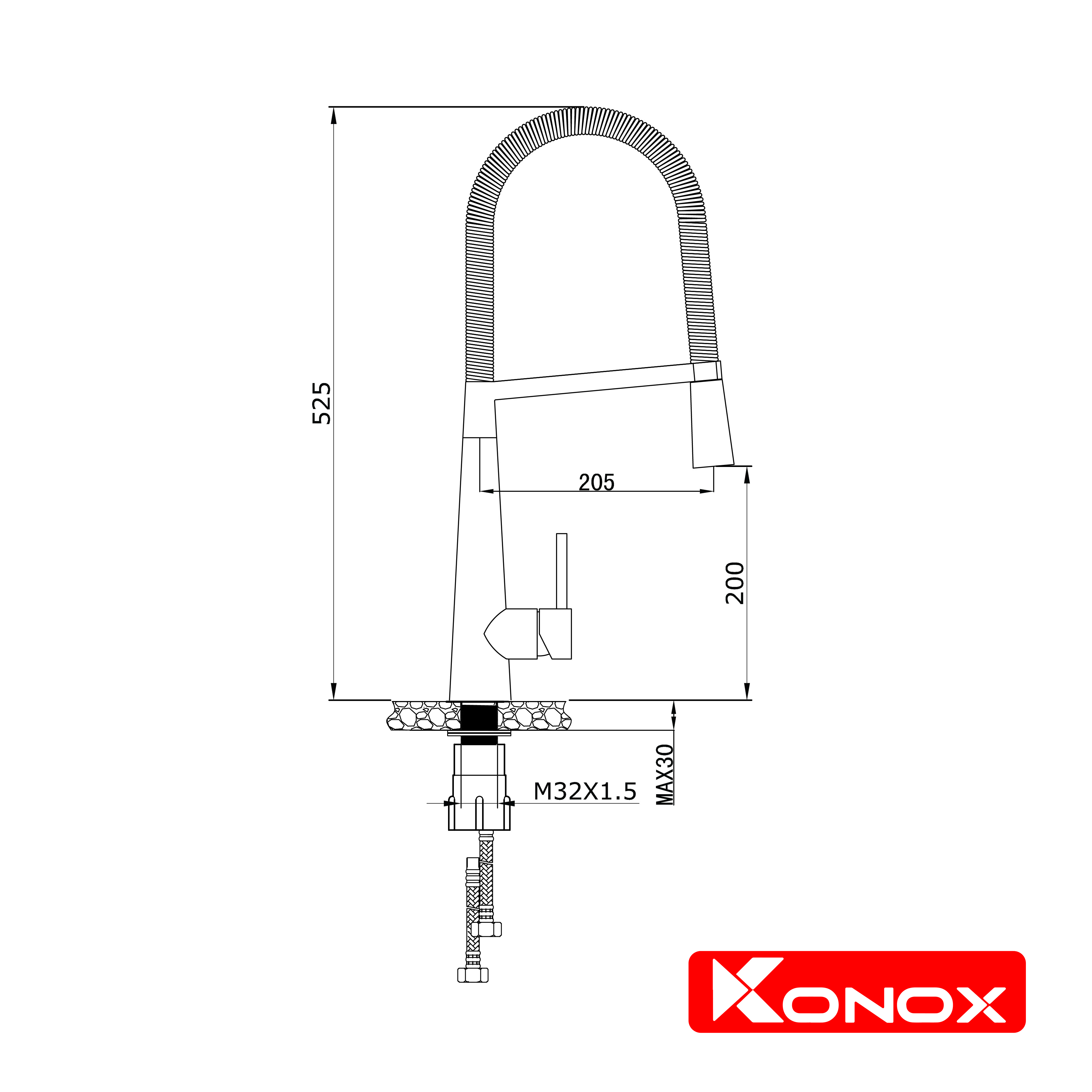 Vòi rửa bát thân mềm Konox, Model KN1909, Inox 304AISI tiêu chuẩn châu Âu, mạ PVD 5 lớp sáng bóng, Hàng chính hãng