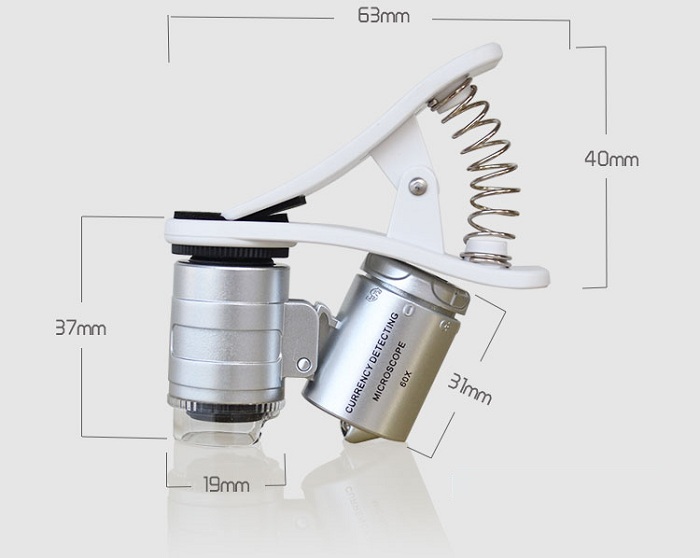 Kính lúp mini 60X có đèn led tím soi tiền giả tích hợp kẹp điện thoại