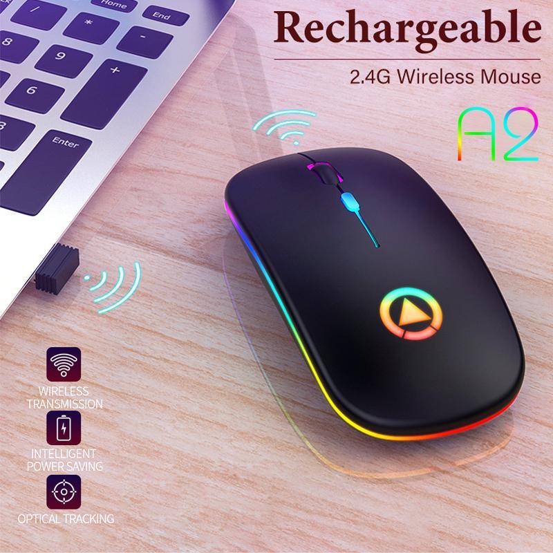 A2 Wireless Silent Mouse 2.4G Ultra Slim 1600DPI Optical Ergonomic RGB LED Backlit Rechargeable Gaming Mice