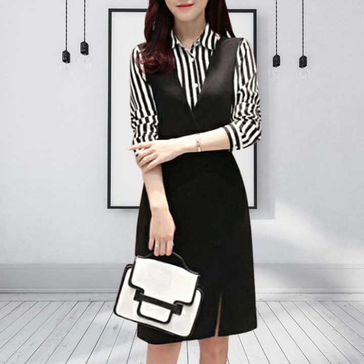 Yếm Váy Nữ New Design Thiết Kế Váy Xẻ Đùi , Có Size Màu Đen ,Dài Qua Gối Phong Cách Hàn Quốc Trẻ Trung New Design CV0041