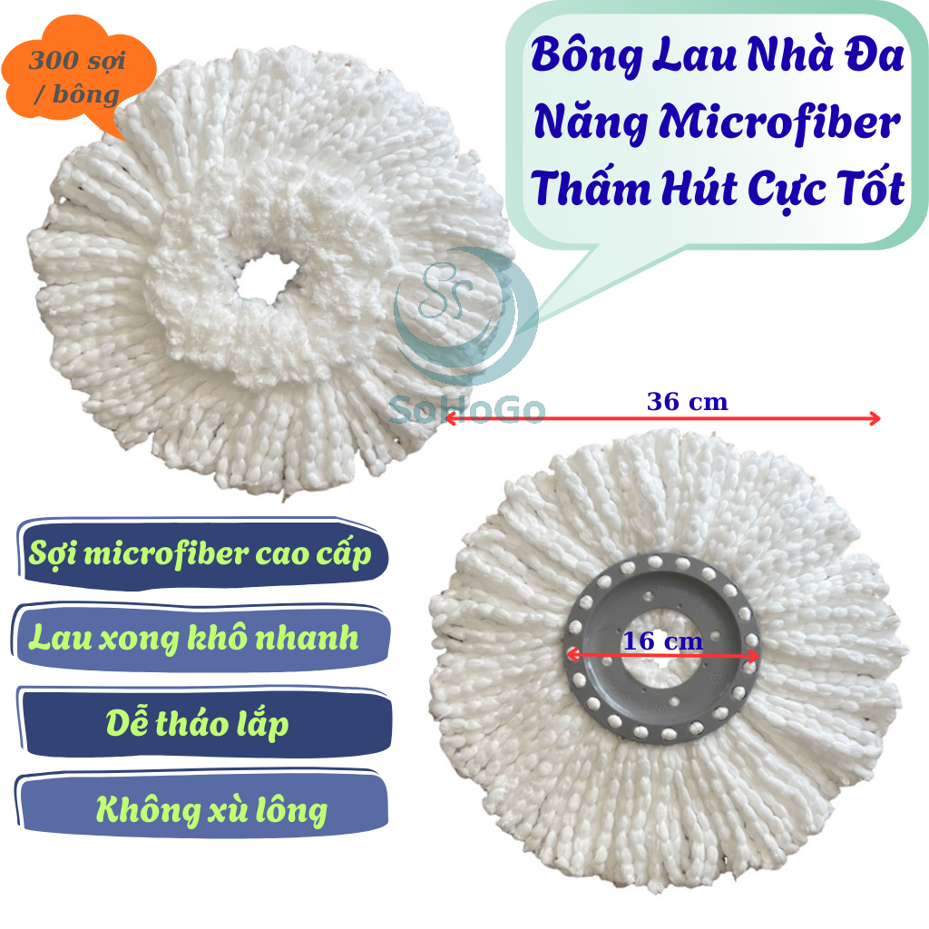 Bông Lau Nhà Đa Năng Microfiber Thấm Hút Cực Tốt -Đầu  Bông Lau Nhà Xoay 360 Độ Thay Thế – Sợi Bông Mịn Siêu Bền -Bông Lau Nhà Thay Thế Loại Tốt – Lắp Được Cho Nhiều Loại Cây Lau
