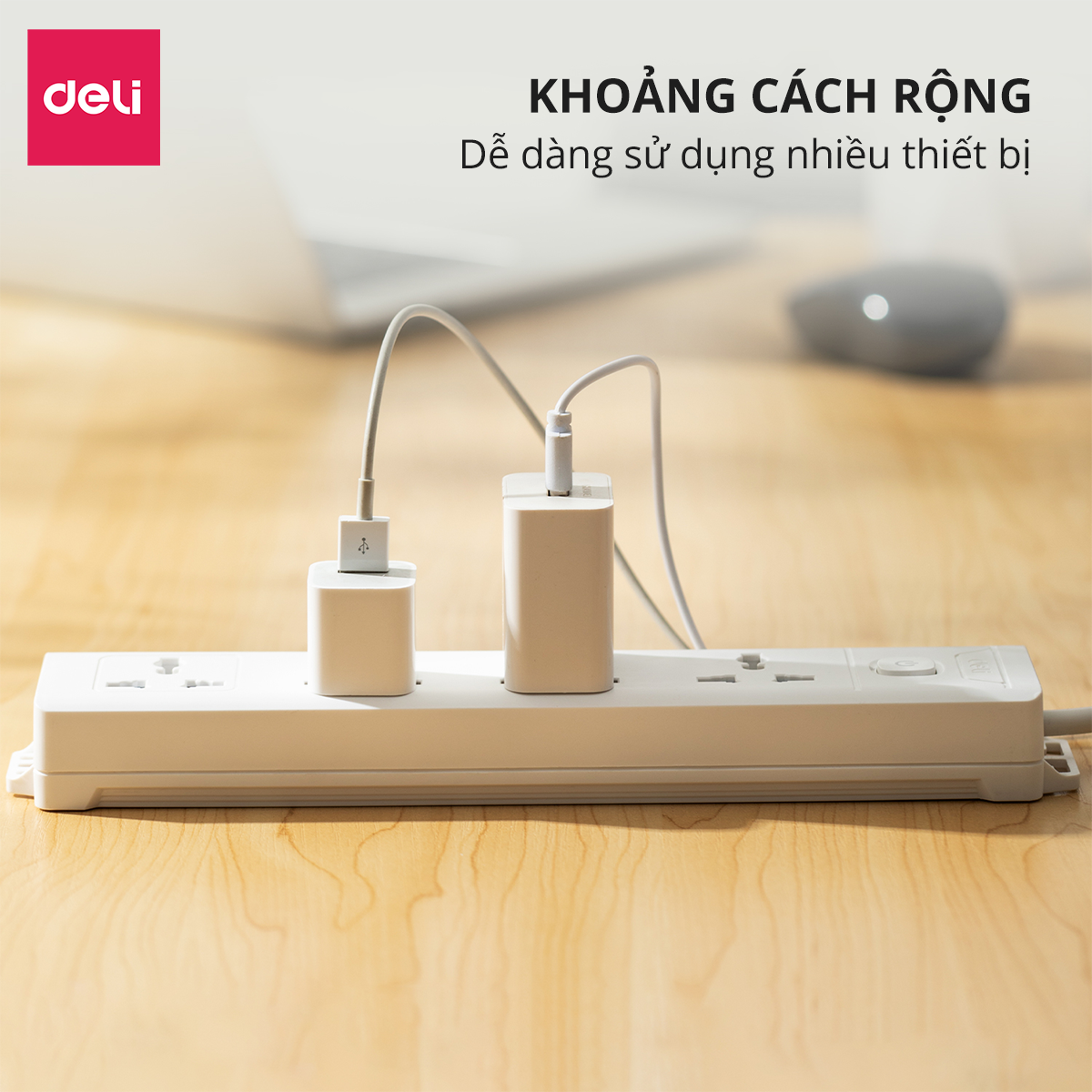 Ổ Cắm Điện Đa Năng Kèm Cổng USB Có Công Tắc Tải 2500W Nắp Chống Giật Chống Cháy Chất Lượng Cao Deli - Dây 2M/3M/5M - ET401 411