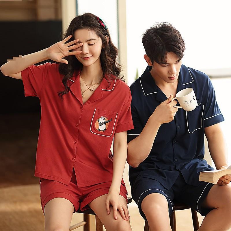 Bộ pyjama nữ dáng ngắn vải thun cotton gâu trúc viền trắng