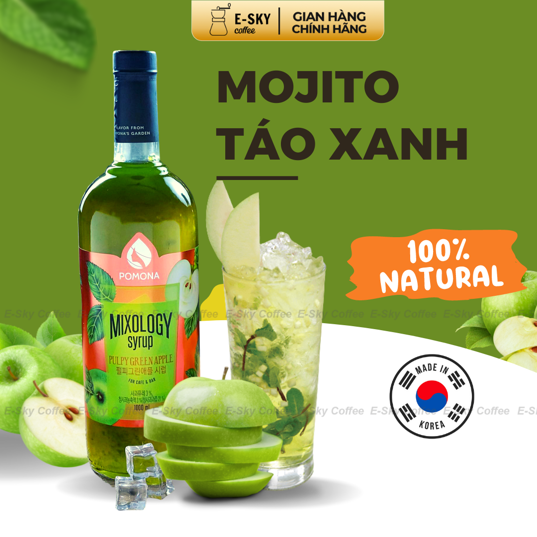 Siro Táo Xanh Pomons Pulpy Green Apple Syrup Nguyên Liệu Pha Chế Hàn Quốc Chai Thủy Tinh 1 lít