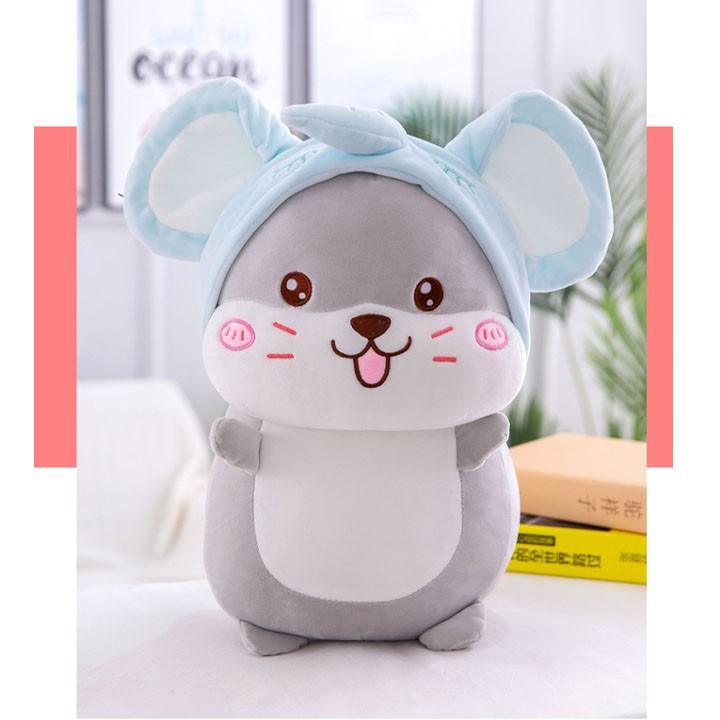 Gấu bông gối ôm chuột hamster mũ hồng vải co dãn 4 chiều Hàn Quốc - GB21