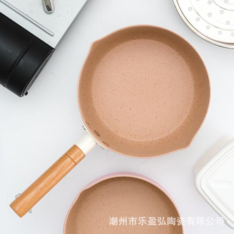 Chảo, Nồi Sâu Lòng Chống Dính 18cm Chiên Xào Nấu Quánh Sâu Lòng Tay Cầm Gỗ Màu Pastel Tiện Lợi