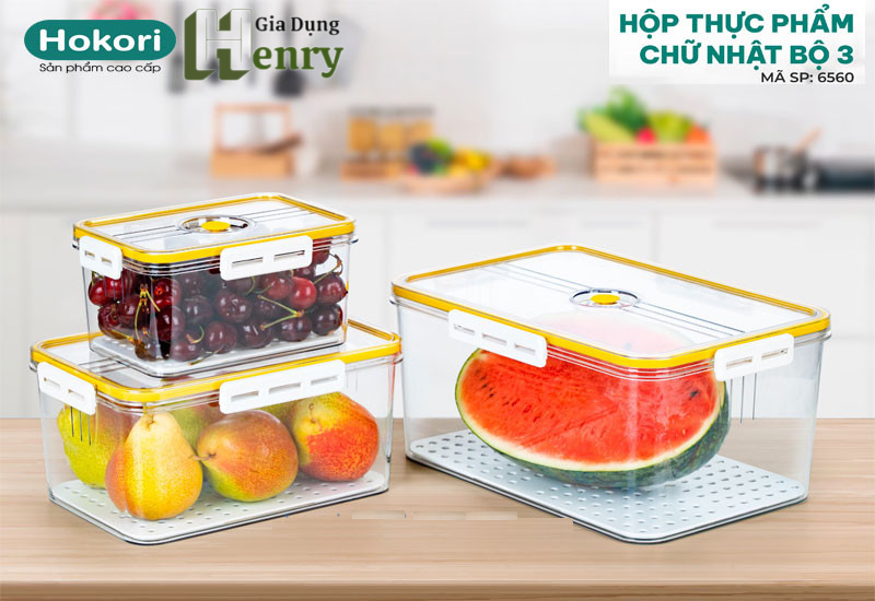 Bộ hộp thực phẩm chữ nhật HOKORI 6560, Bộ hộp đựng thực phẩm Nhựa Việt Nhật cao cấp có khóa cài chắc chắn - Hàng Việt Nam