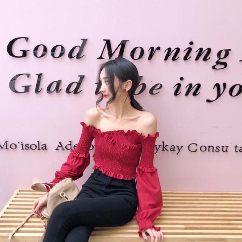 Áo trễ vai đắp xéo nữ sẽy màu đỏ đô