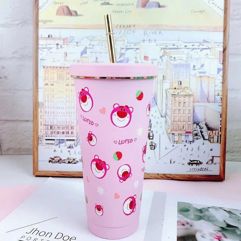 Ly Giữ Nhiệt Lotso Inox 304 Cao Cấp 750ml Kèm Ống Hút, Ly Giữ Nhiệt Gấu Dâu Hoạt Hình Dễ Thương Giữ Nhiệt 8-12h - Tặng Kèm Túi Đựng - HÀng Chính Hãng MINIIN