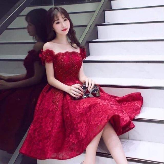 Đầm xoè ren bẹt vai kết hoa nổi SIÊU XINH -MS46Y- Size M/L đến 57kgMM MM