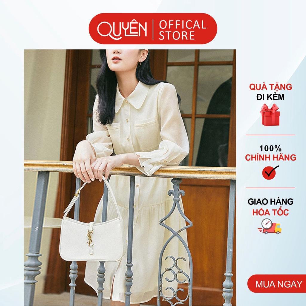Đầm xòe cổ sơ mi công sở tay phồng Quyên DN003, kiểu dáng hàn quốc thanh lịch