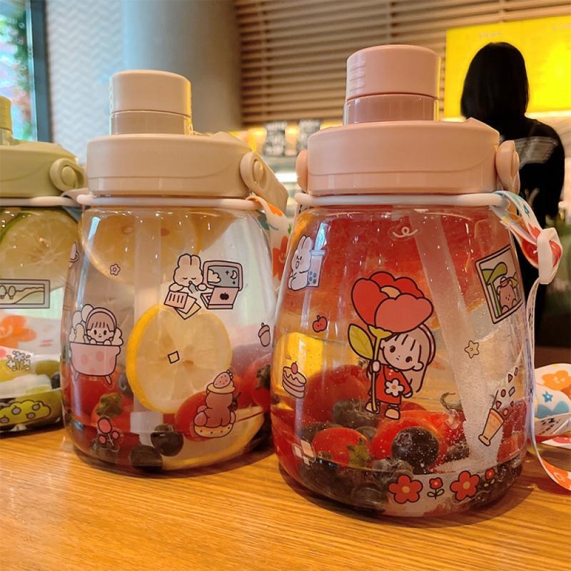 1100Ml Bình Nước Nhựa Ống Hút Nước Cup Nữ Lớn Di Động Dung Lượng Dây Đeo Bụng To Cốc Thể Thao Ngoài Trời Uống Ấm Siêu Tốc