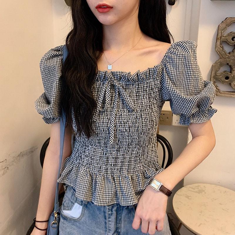 Áo Kiểu Tay Phồng Cổ Vuông Phối Nơ Họa Tiết Sọc Caro Phong Cách Retro