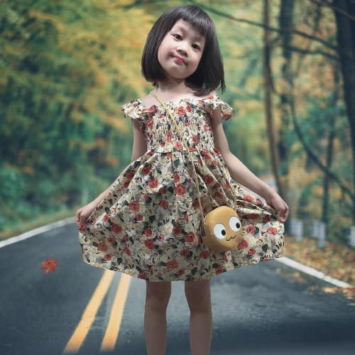 Váy đầm bé gái mùa hè kiểu tay con nhún bèo hoa nhí cho bé gái từ 12kg đến 28kg
