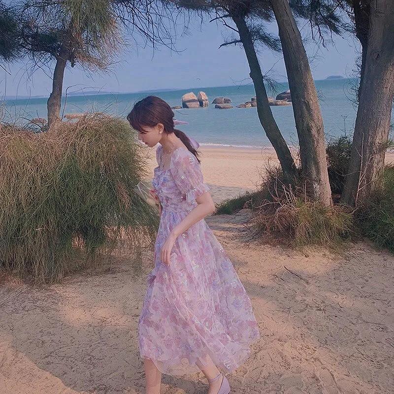 Váy tím lấp lánh tiểu thư cổ vuông