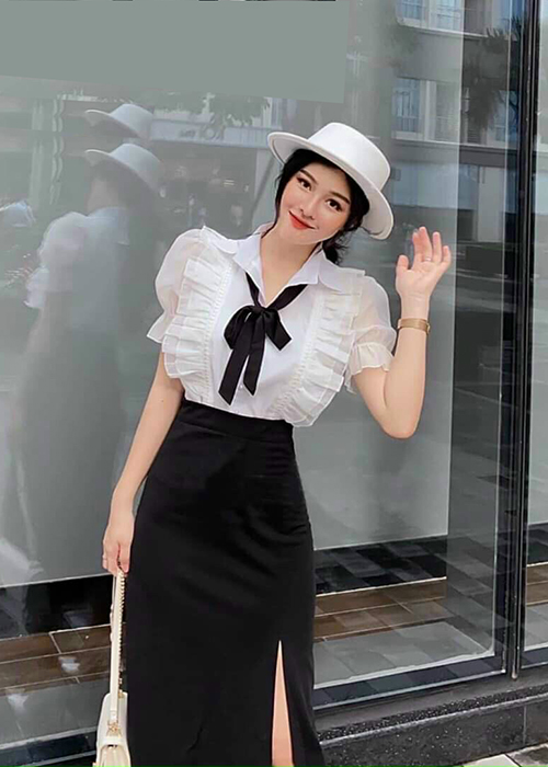 Set Áo Sơ Mi Kèm Nơ Rời Và Chân Váy Dài Duyên Dáng