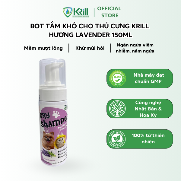 Bọt tắm khô cho thú cưng KRILL hương Lavender 150ml mềm mượt lông, khử mùi hôi, ngăn ngừa viêm nhiễm, nấm ngứa