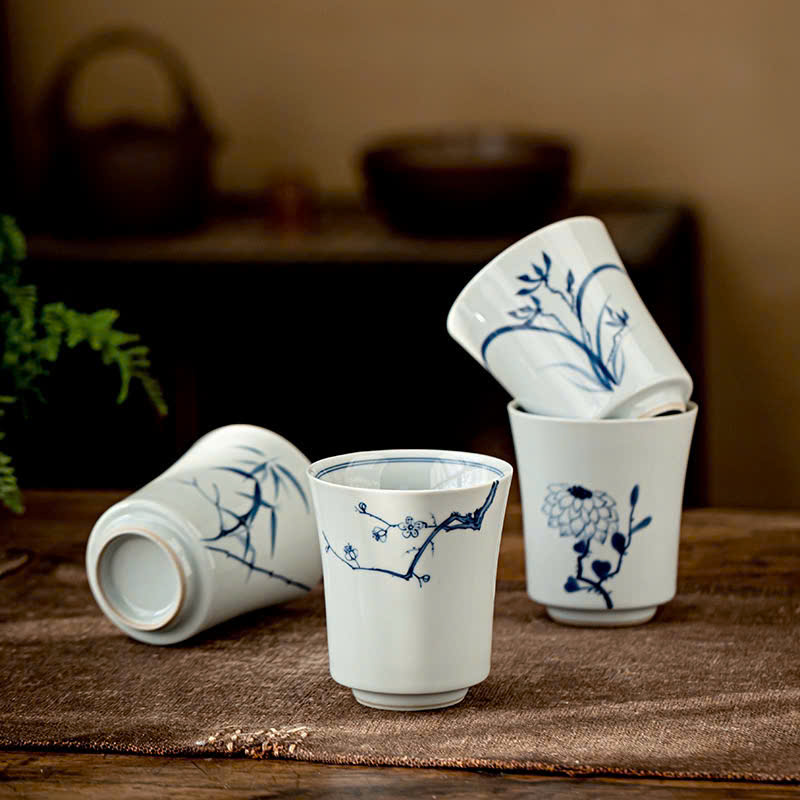 CHÉN UỐNG TRÀ SỨ CẢNH ĐỨC - HỌA TIẾT TỨ QUÝ VẼ TAY - 100ML - CHÉN TRÀ CAO CẤP - VIỆT LONG TRÀ