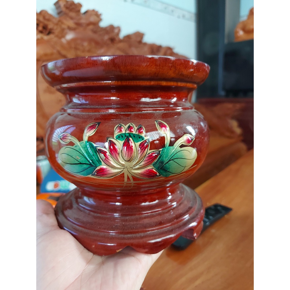 Bát nhang,lư hương gỗ xoan đào hoạ tiết hoa sen kích thước 18cm