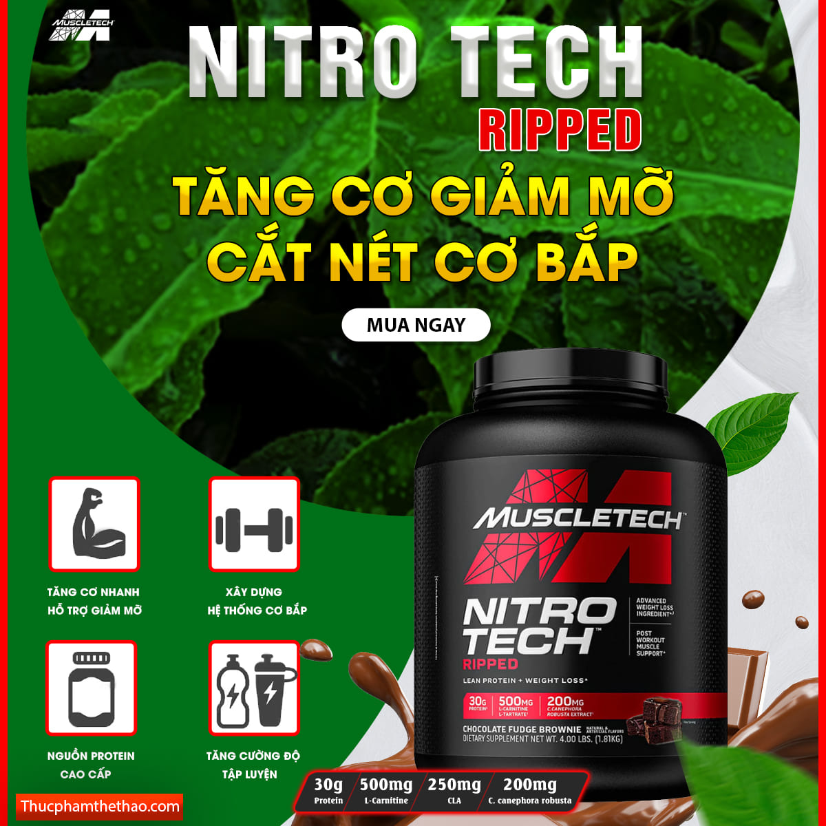 Sữa tăng cơ, giảm mỡ Muscletech Nitro Tech Ripped - Hộp 4lbs (1.8g) – Hỗ trợ phục hồi, phát triển cơ bắp, giảm mỡ thừa cho người tập thể hình và thể thao - Hàng chính hãng Muscletech USA - Mùi Chocolate - Kèm Quà Tặng