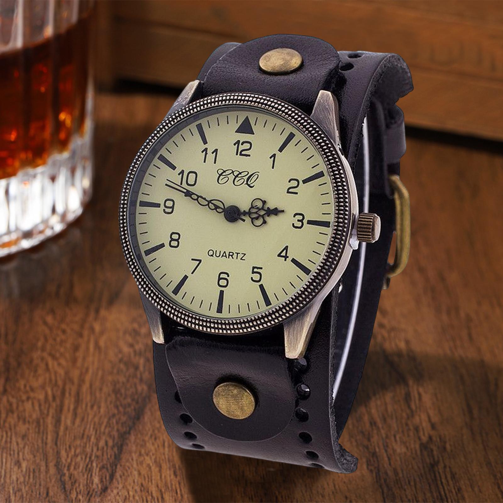 Vintage Bracelet Watch PU Leather Wide Leather Strap for Men Comfortable Black