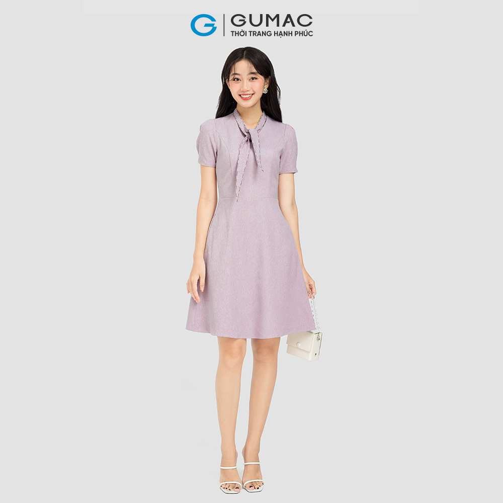 Đầm phối chỉ thắt nơ GUMAC DC08038 form A màu tím