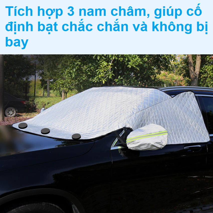 Tấm bạt chắn nắng kính lái, hông xe và gương chiếu hậu xe ô tô 4 lớp tráng nhôm cách nhiệt tích hợp nam châm cố định