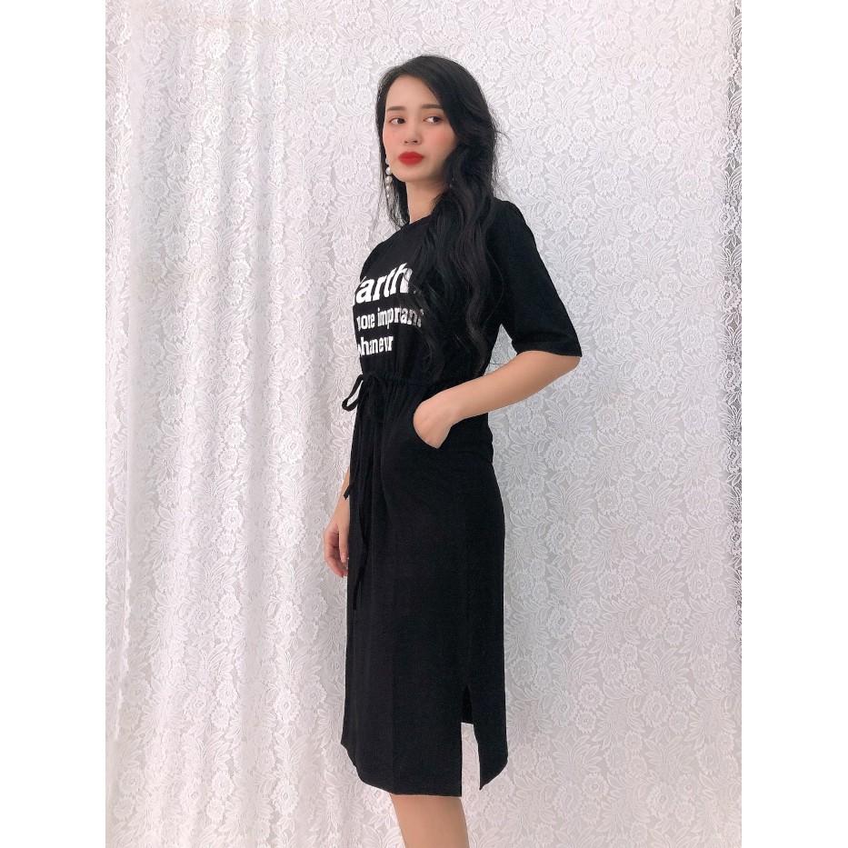 Đầm suông thun rút eo, xẻ tà