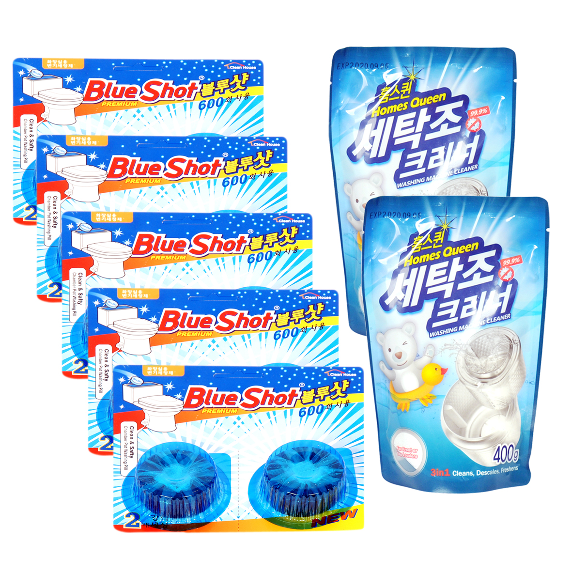 Combo 5 vỉ vệ sinh bồn cầu BlueShot + 2 gói vệ sinh máy giặt Homes Queen: Hàng nhập Hàn Quốc, chất lượng hàng đầu