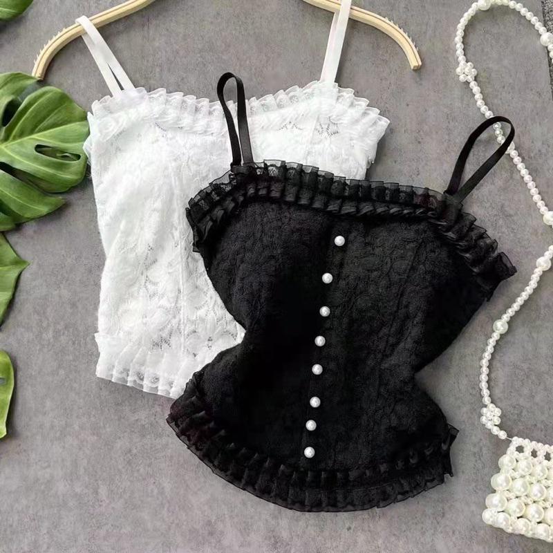 Áo hai dây nữ khuy ngọc phối ren có đệm ngực chun lưng hàng QC