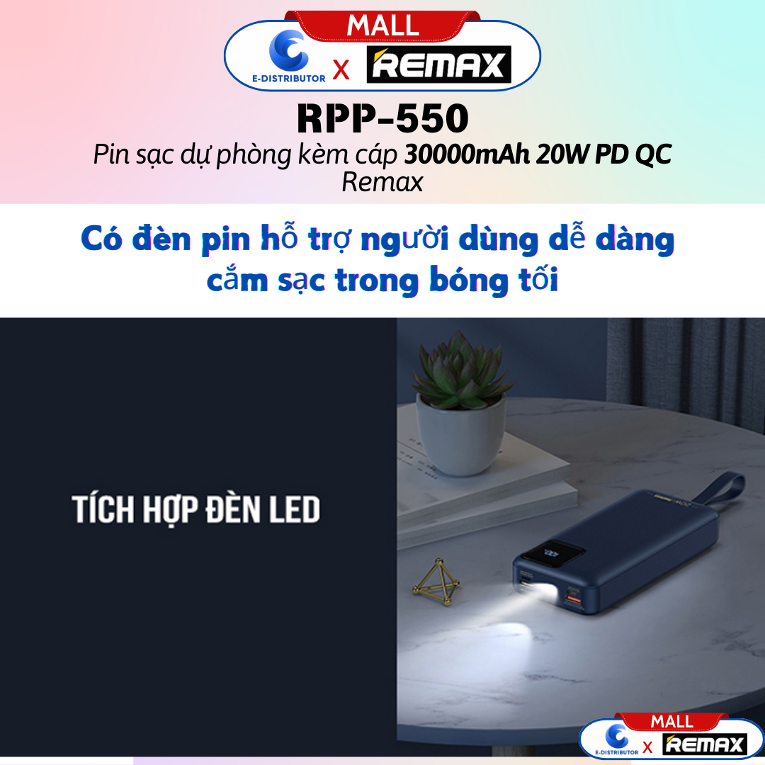 Pin sạc dự phòng kèm cáp 30000mAh 20W PD QC Remax RPP-550 - Hàng Chính Hãng - Bảo Hành 12 Tháng - 4 đầu ra, 2 đầu vào