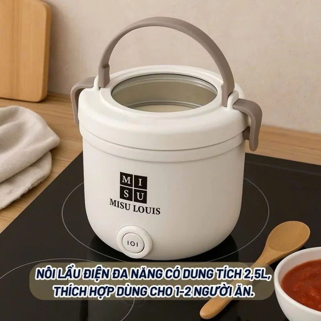 Nồi Lẩu Điện Mini Đa Năng 2.5L MISU LOUIS - Nồi Nấu Mì, Hấp, Chiên, Lẩu Mini Có Xửng Hấp 600W - HÀNG CHÍNH HÃNG MINIIN